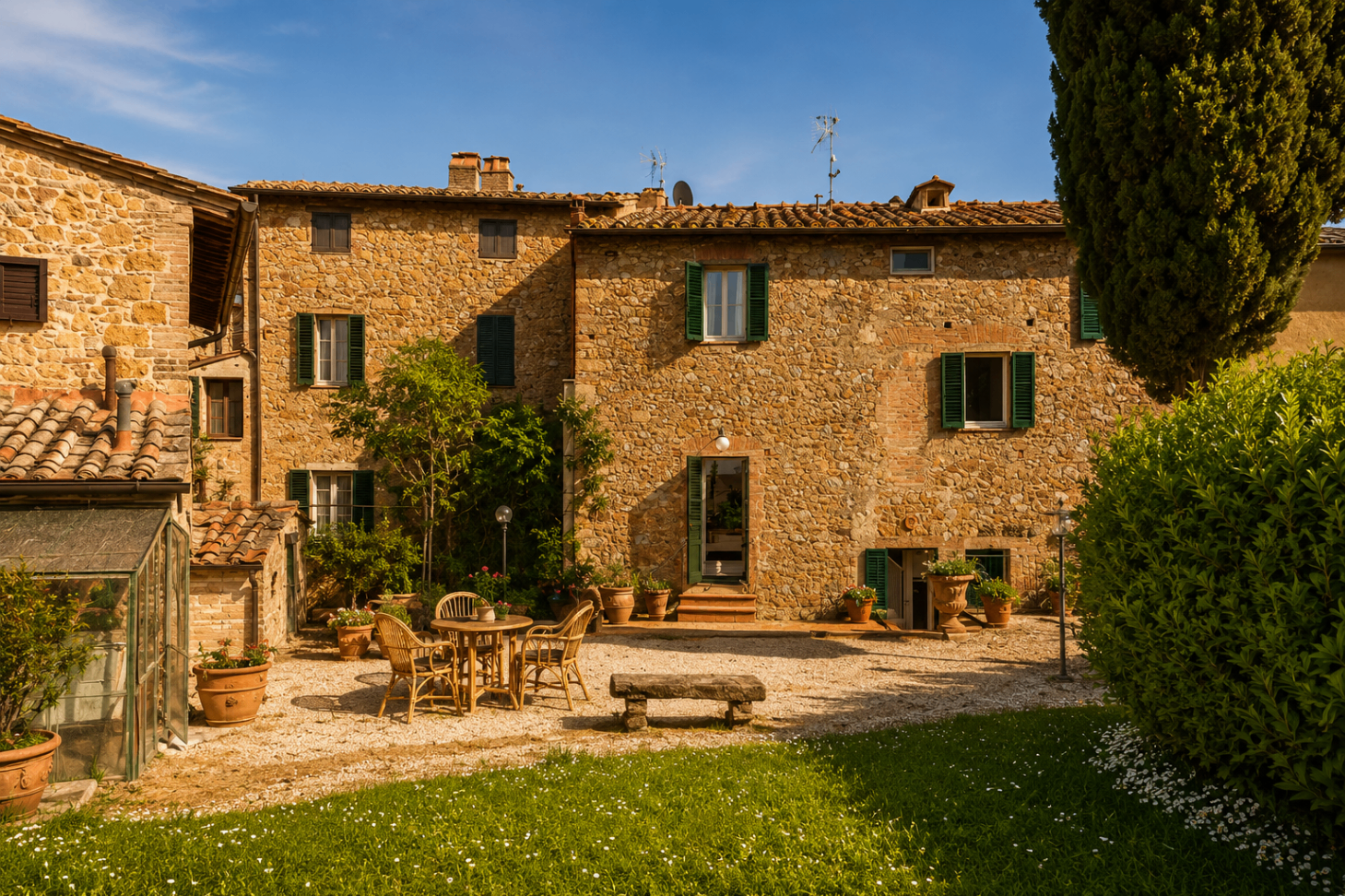 Stone farmhouse courtyard in Lunigiana with warm afternoon light
