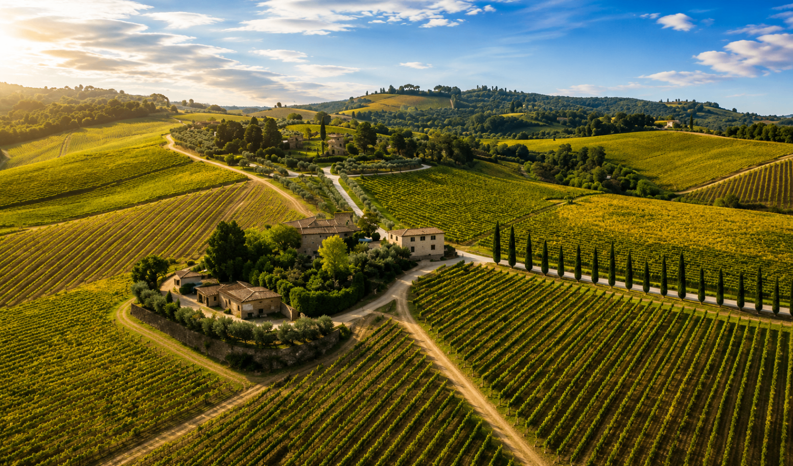 Rolling Tuscan vineyards and cypress-lined roads at golden hour