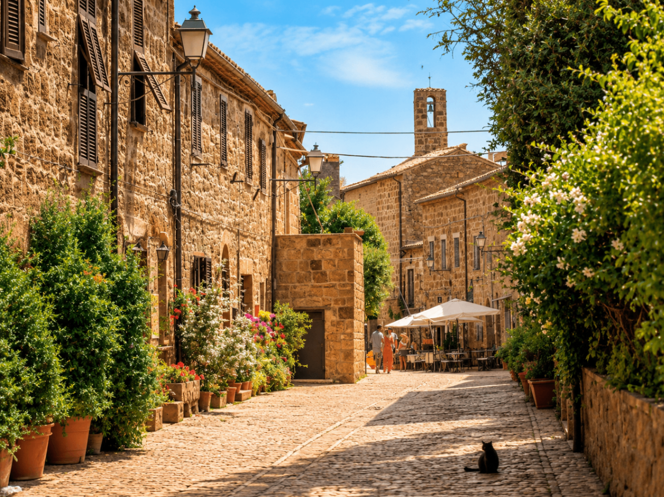 Sunlit village street with flowers, café tables and a cat on the cobblestones