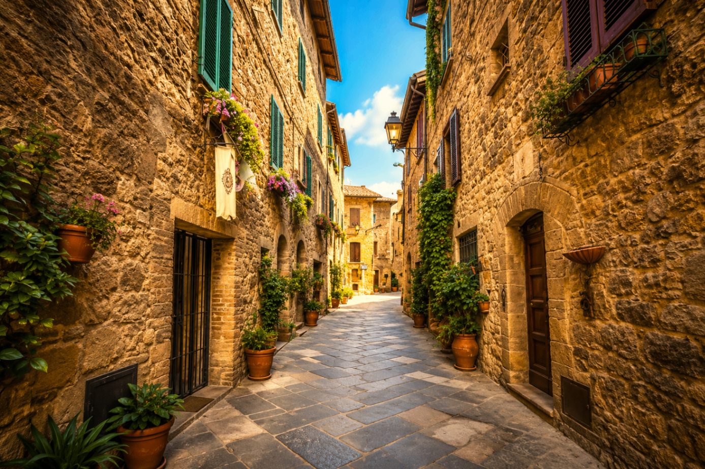 Golden stone alley in a historic Lunigiana village